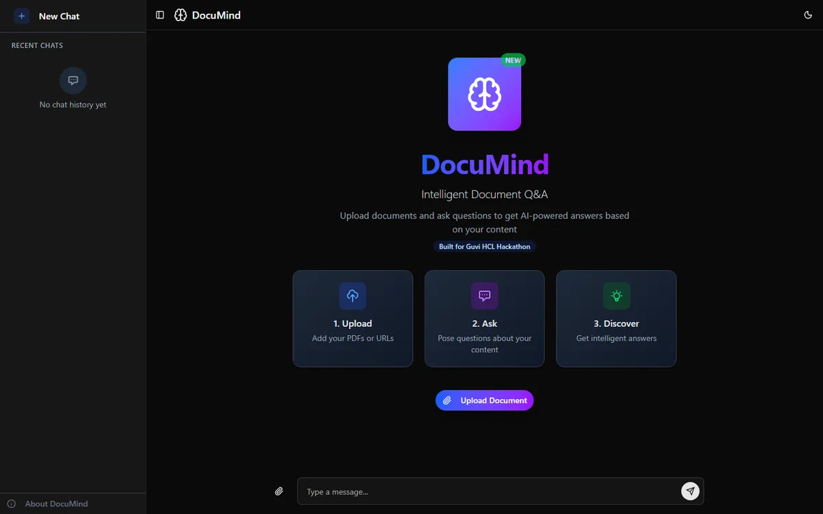 DOC-QnA interface showing the upload, ask and discover steps