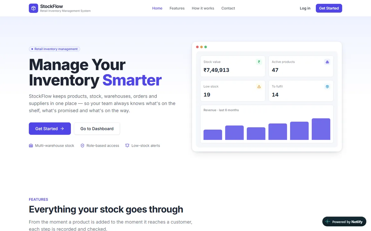 StockFlow landing page with an inventory dashboard preview
