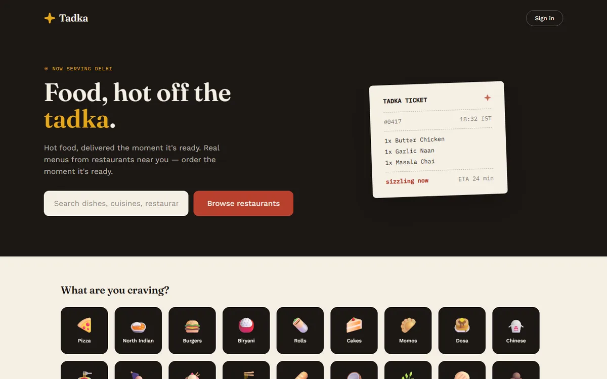 Tadka homepage with a restaurant search bar and food categories